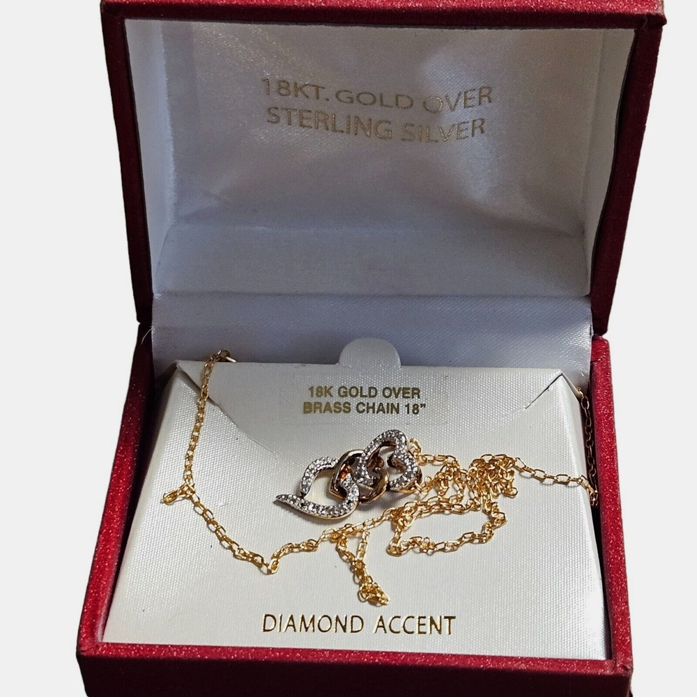 18KT.‎ Gold Over Brass Chain 18" Intertwined Heart Necklace Diamond Accent